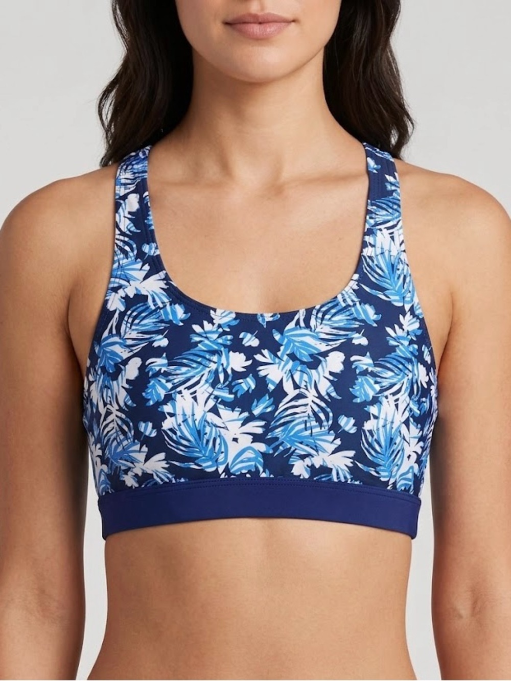 HALCURT Blue Tropical Palm Leaf Print Hybrid Swim Top Sports Bra Bikini Medium